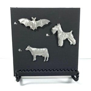 Vintage Lot of GG Harris Fine Pewter Lapel / Hat Pins Bat Cow Schnauzer Dog